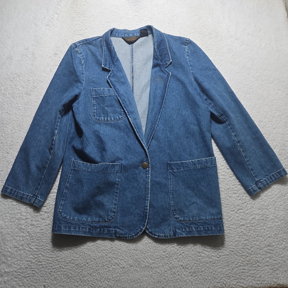 VTG Eddie Bauer Mens Jean Jacket‎ Size Large Blue Dark Wash 3 Pockets Back Art